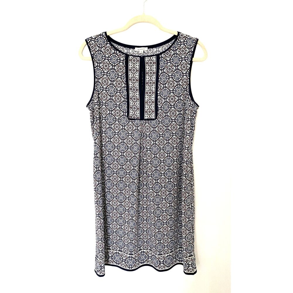 Max Studio Blue Floral Geometric Shift Sleeveless Keyhole Stretchy Dress Chic L